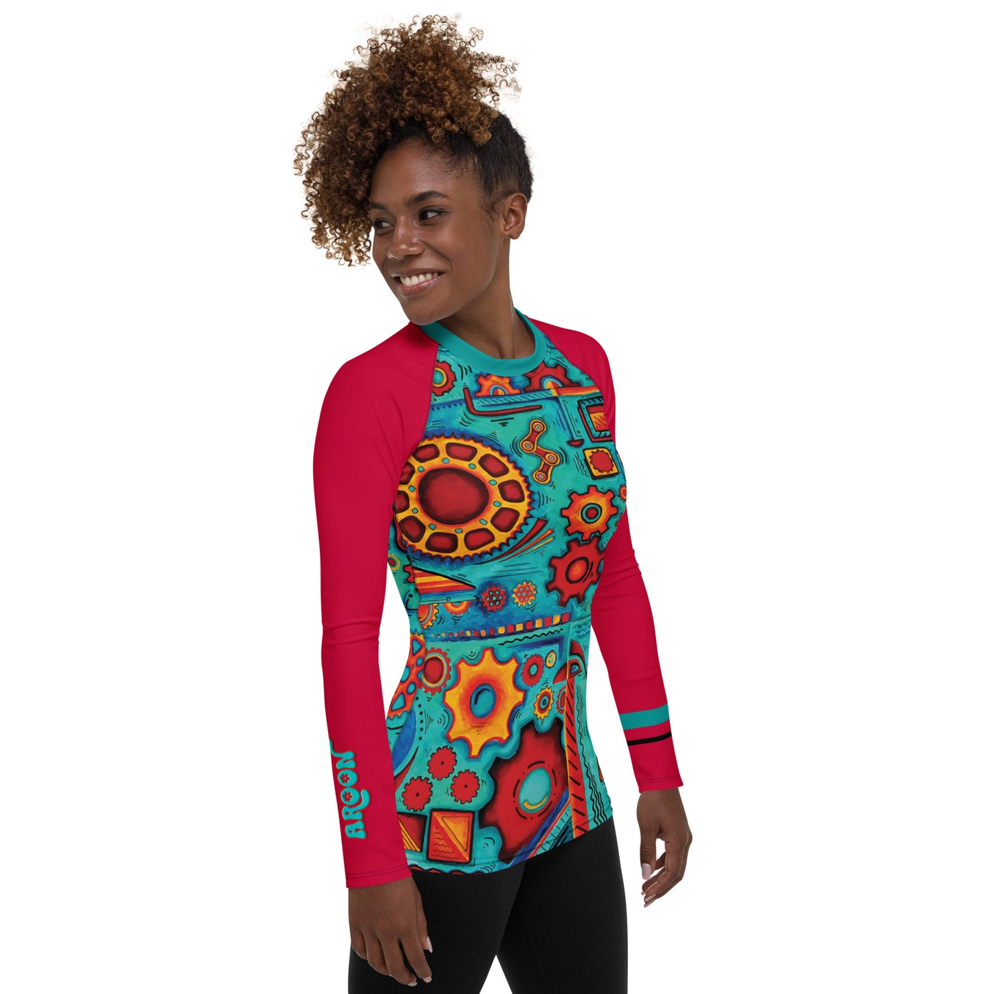 womens long sleeve cycling jersey in bold red orange and teal colors with a unique original handmade design by MeganAroon for the boutique cycling brand AROON