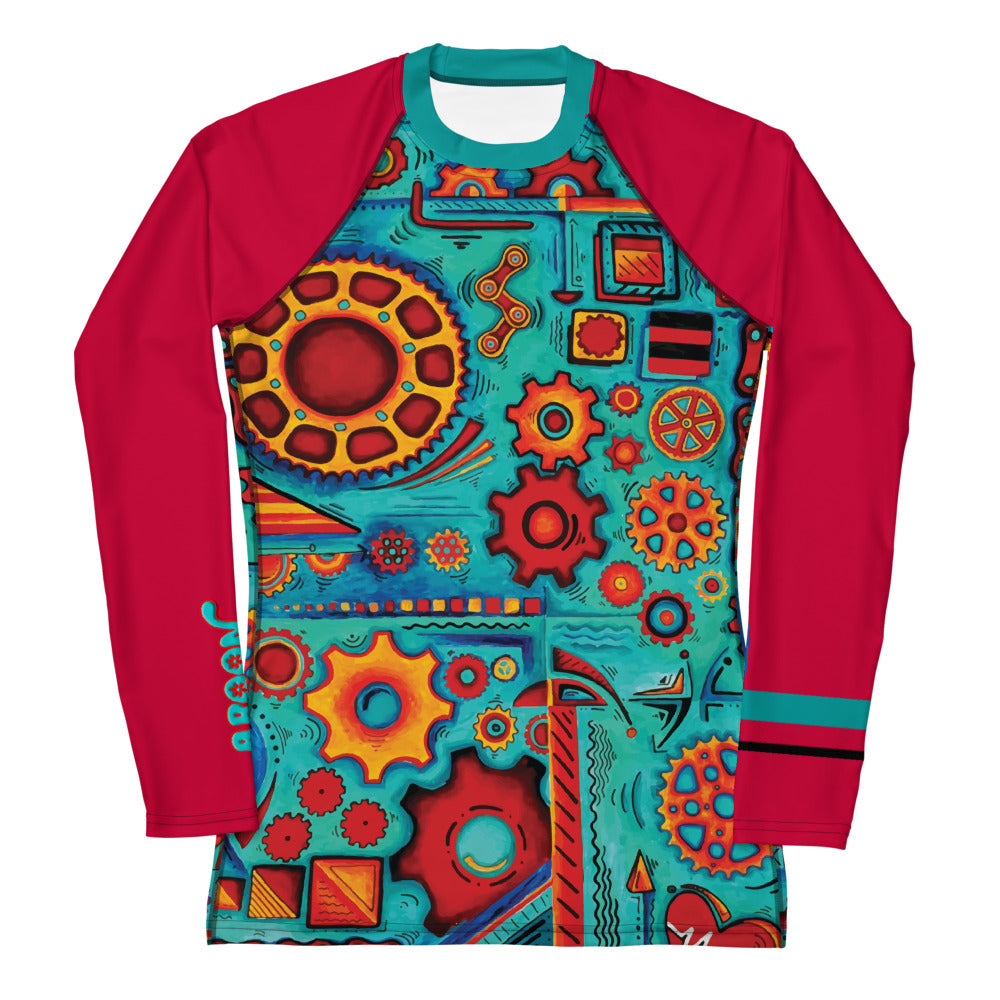 Women's Long Sleeved Cycling Jersey - Red and Teal Gears and Chain Design AROON