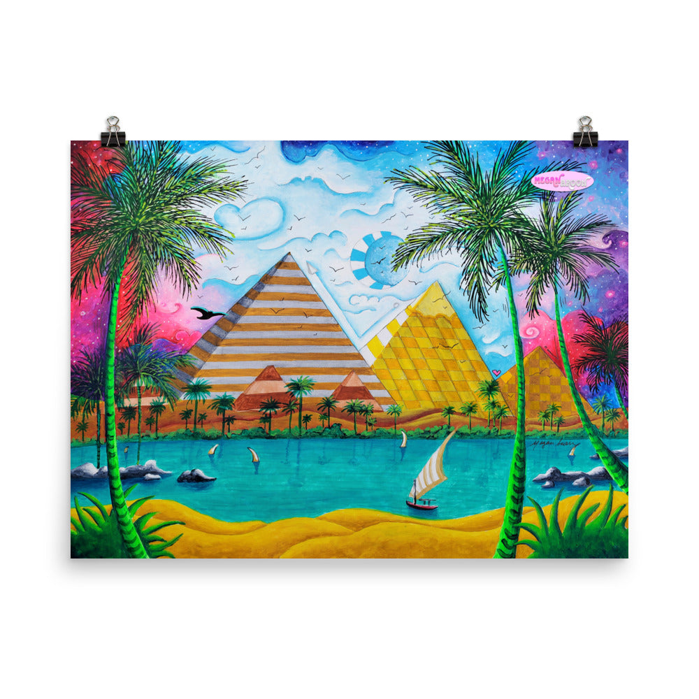 pyramids of giza travel poster print from original whimsical colorful pop art style painting by traveling artist meganaroon