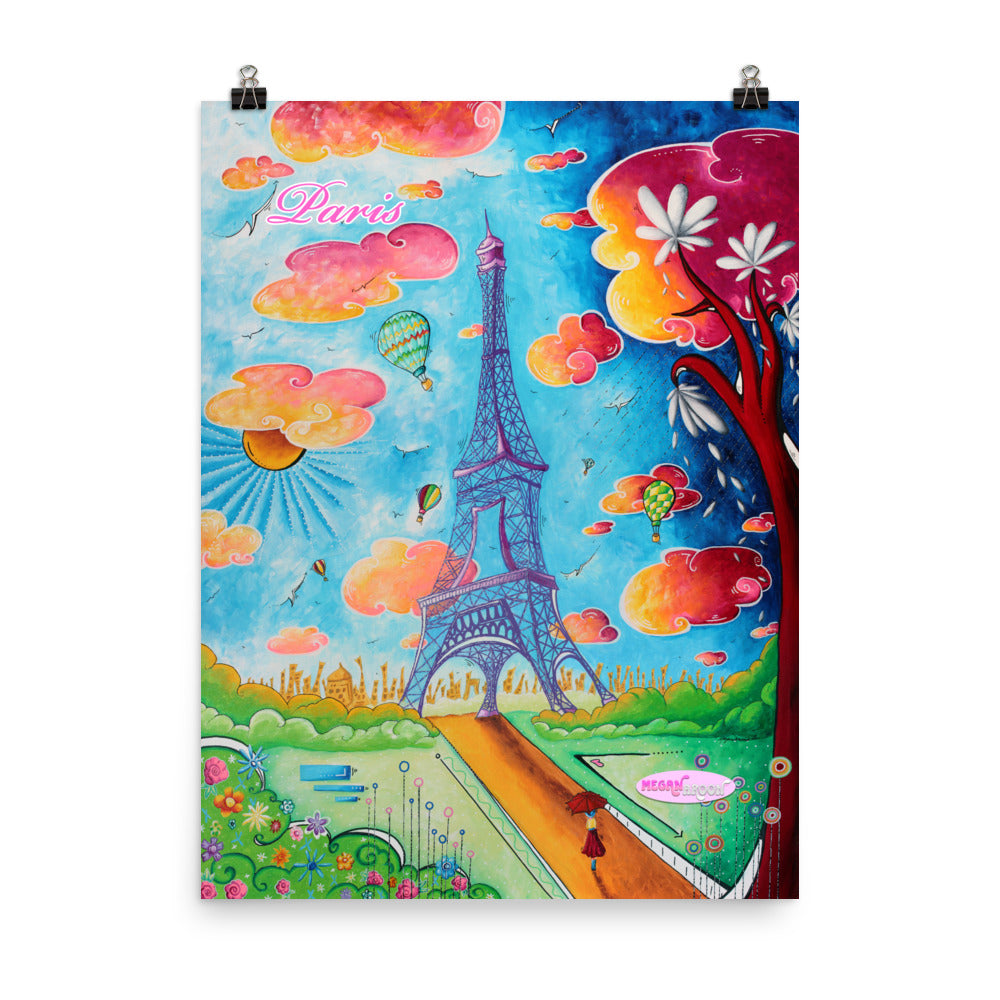 travel poster print of a pop art maximalist style colorful whimsical original painting of the eiffel tower, paris france by traveling artist meganaroon