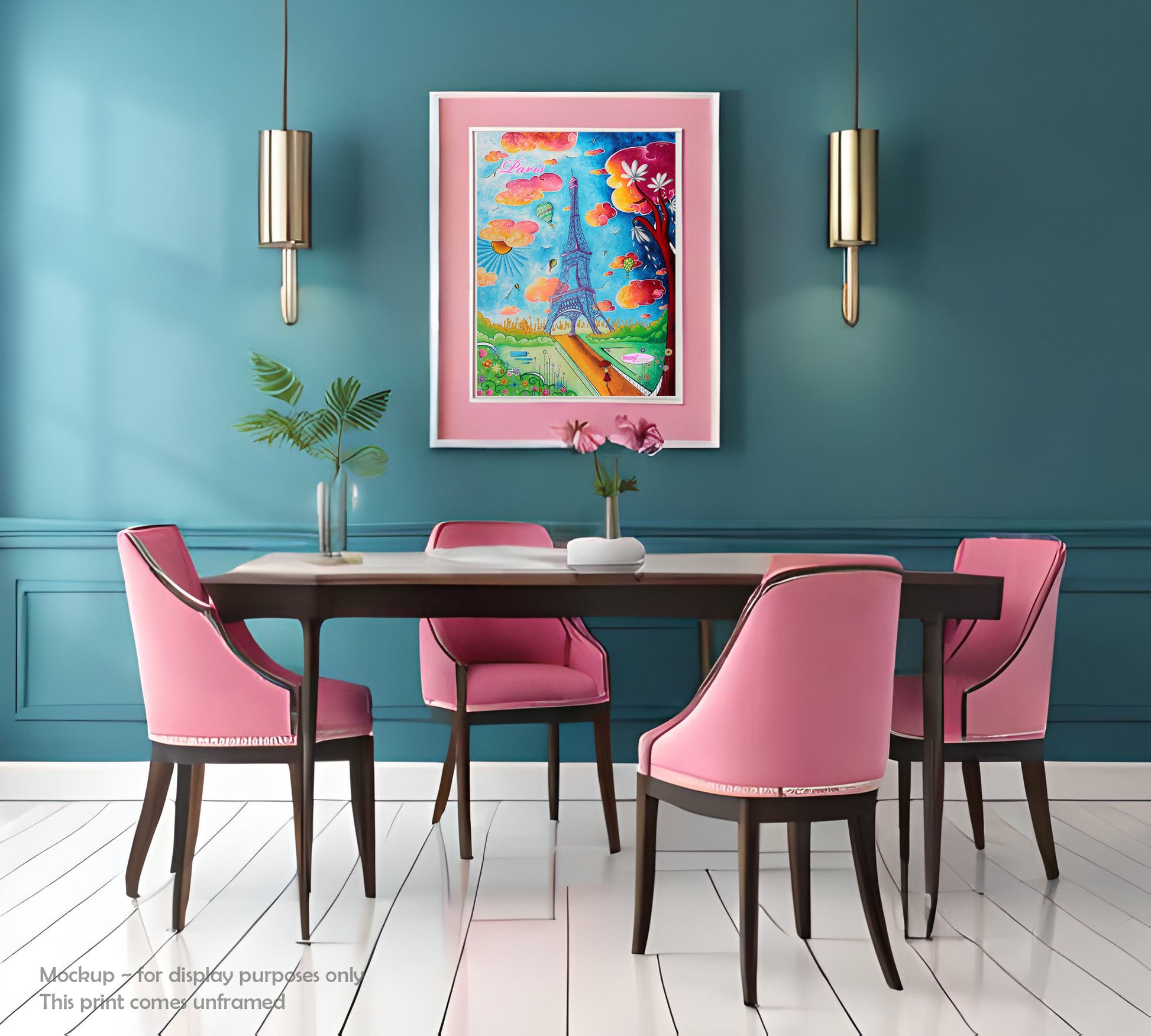 framed pop art maximalist style travle poster print of the eiffel tower Paris France painting by MeganAroon in a chic pink and aqua dining room setting