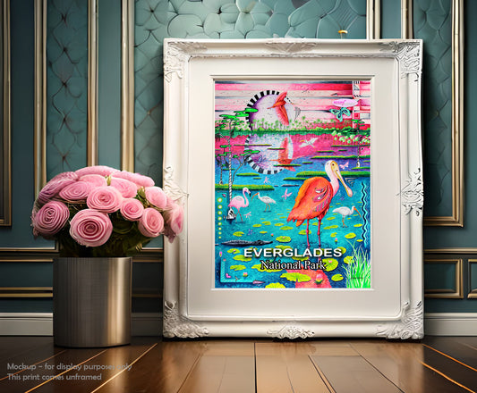 everglades national park travel poster print in a whimsical, colorful pop art style by traveling artist meganaroon in a white ornate frame