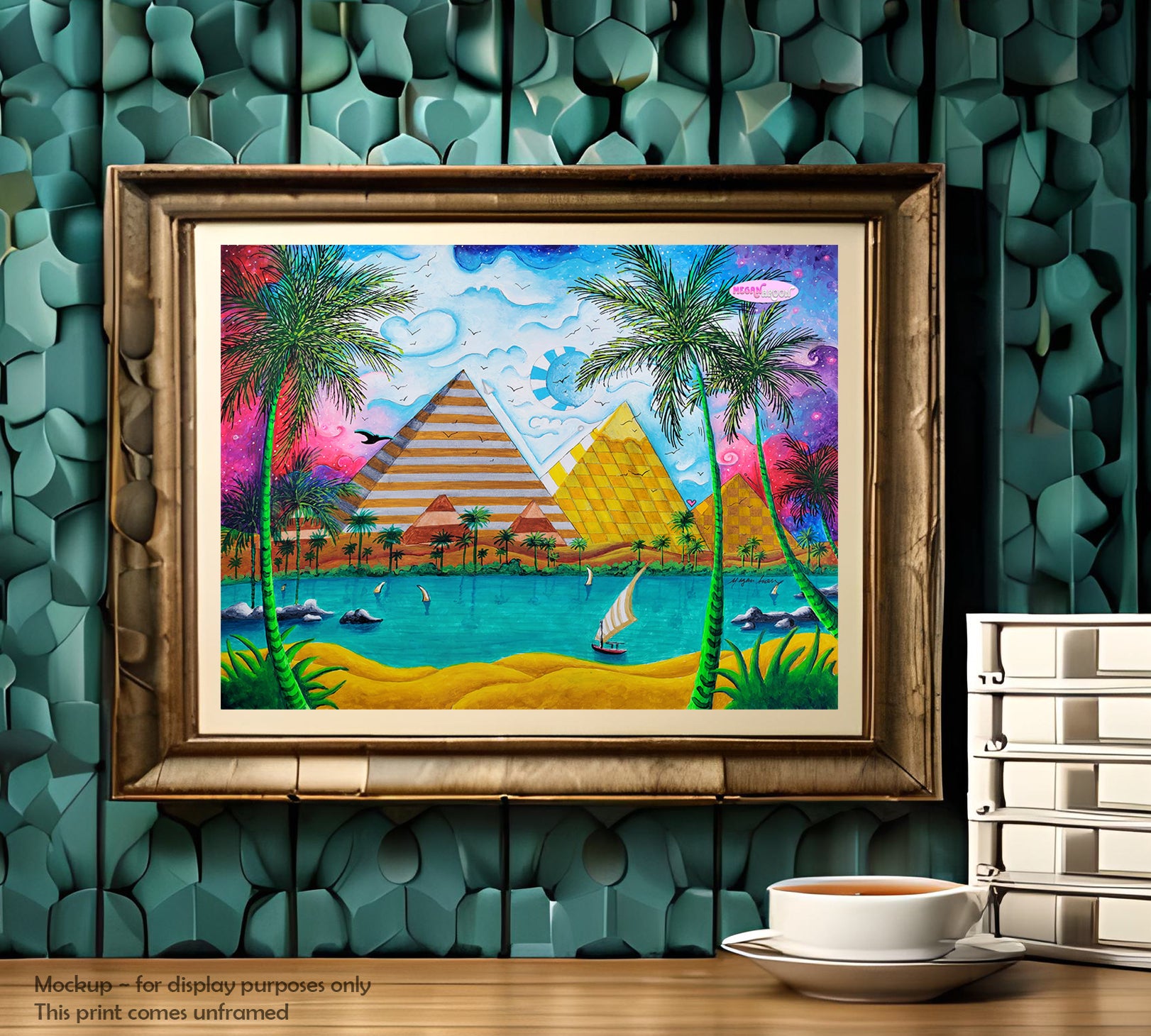 ornate brown frame white mat room setting of pyramids of giza travel poster print from original whimsical colorful pop art style painting by traveling artist meganaroon