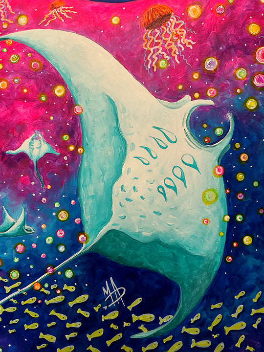 "Dance of the Sea" Original Whimsical Tropical Manta Ray Painting, Fun, Conservation Art by MeganAroon (19"x24")