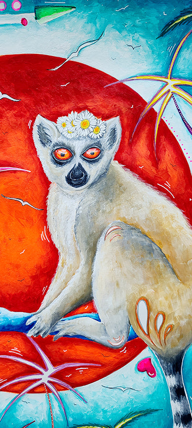 "DreamLand" Original Whimsical Lemur Painting, Fun, Conservation Art by MeganAroon