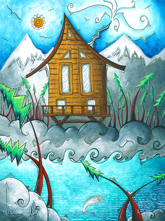 Original Alaskan Cabin Salmon Painting Inspired by Growing Up Off Grid in Alaska