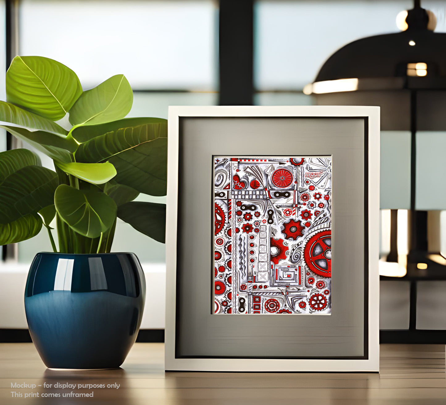 room frame mockup fine art print poster of an original handpainted cycling painting featuring chains and gears by MeganAroon for cycling brand AROON