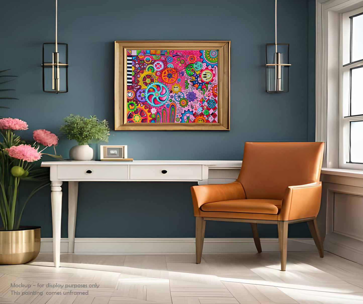 "A New Direction" Original Doodle Gears PoP Art Painting with vibrant bold colors and smiley face gears and floral gears by MeganAroon in a modern room setting and frame (mockup)