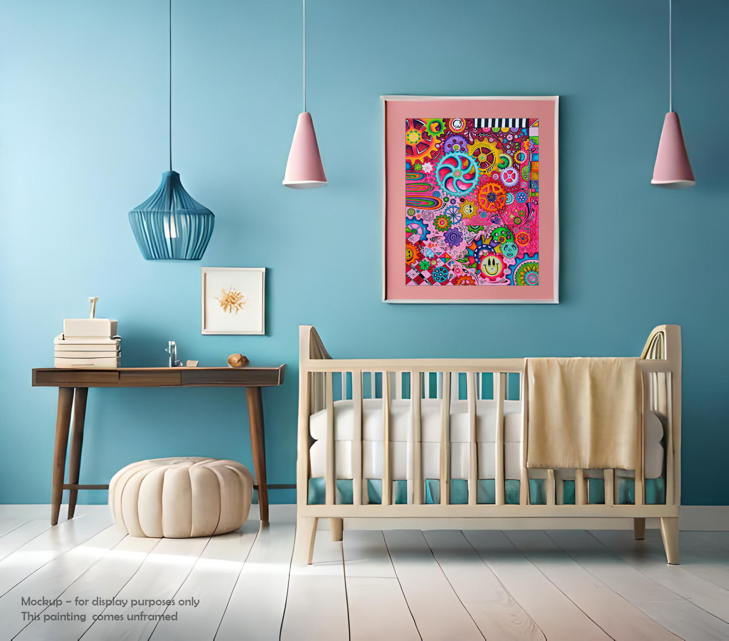 "A New Direction" Original Doodle Gears PoP Art Painting with vibrant bold colors and smiley face gears and floral gears by MeganAroon in a modern room setting and frame (mockup)