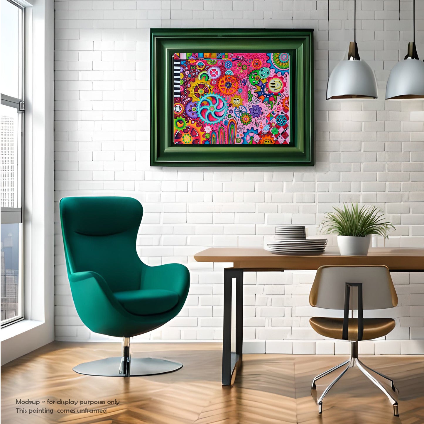 "A New Direction" Original Doodle Gears PoP Art Painting with vibrant bold colors and smiley face gears and floral gears by MeganAroon in a modern room setting and frame (mockup)