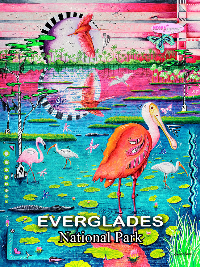 everglades national park travel poster print in a whimsical, colorful pop art style by traveling artist meganaroon