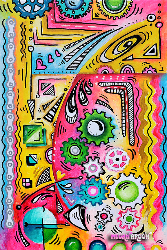 Gears Sketchbook Doodle PoP Art 2 Original Cycling Painting ~ "Follow Your Path" Enlightenment Symbol