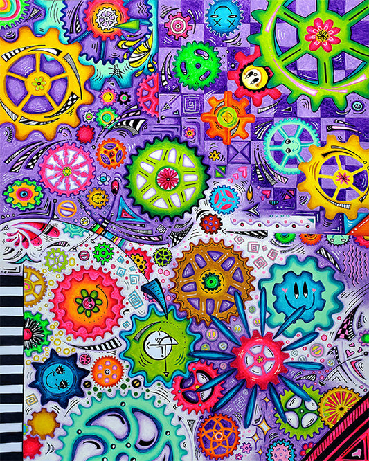 "The Endless Journey" Original Doodle Gears PoP Art Painting by MeganAroon colorful smiley face and floral gears in spectacular array of rainbow colors, checkers and stripes with arrows and lines creating movement throughout