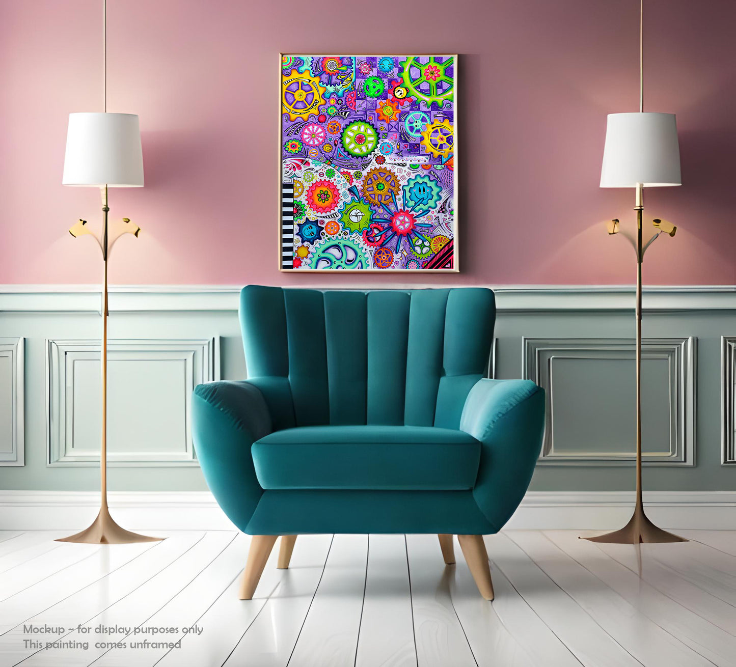 "The Endless Journey" Original Doodle Gears PoP Art Painting by MeganAroon colorful smiley face and floral gears in spectacular array of rainbow colors, checkers and stripes with arrows and lines creating movement throughout in a mocked up frame and room setting