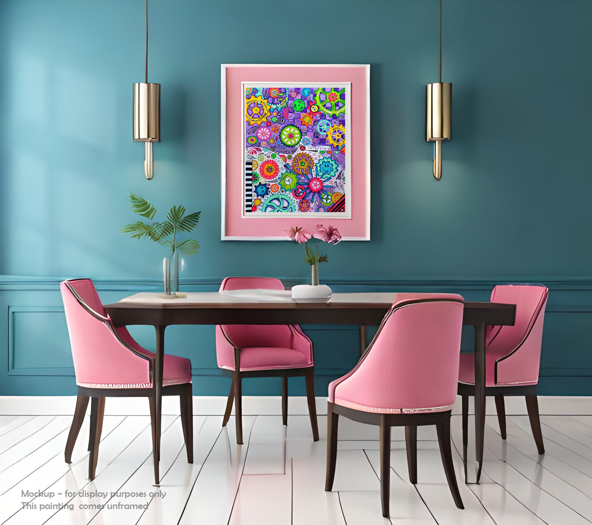 "The Endless Journey" Original Doodle Gears PoP Art Painting by MeganAroon colorful smiley face and floral gears in spectacular array of rainbow colors, checkers and stripes with arrows and lines creating movement throughout in a mocked up frame and room setting