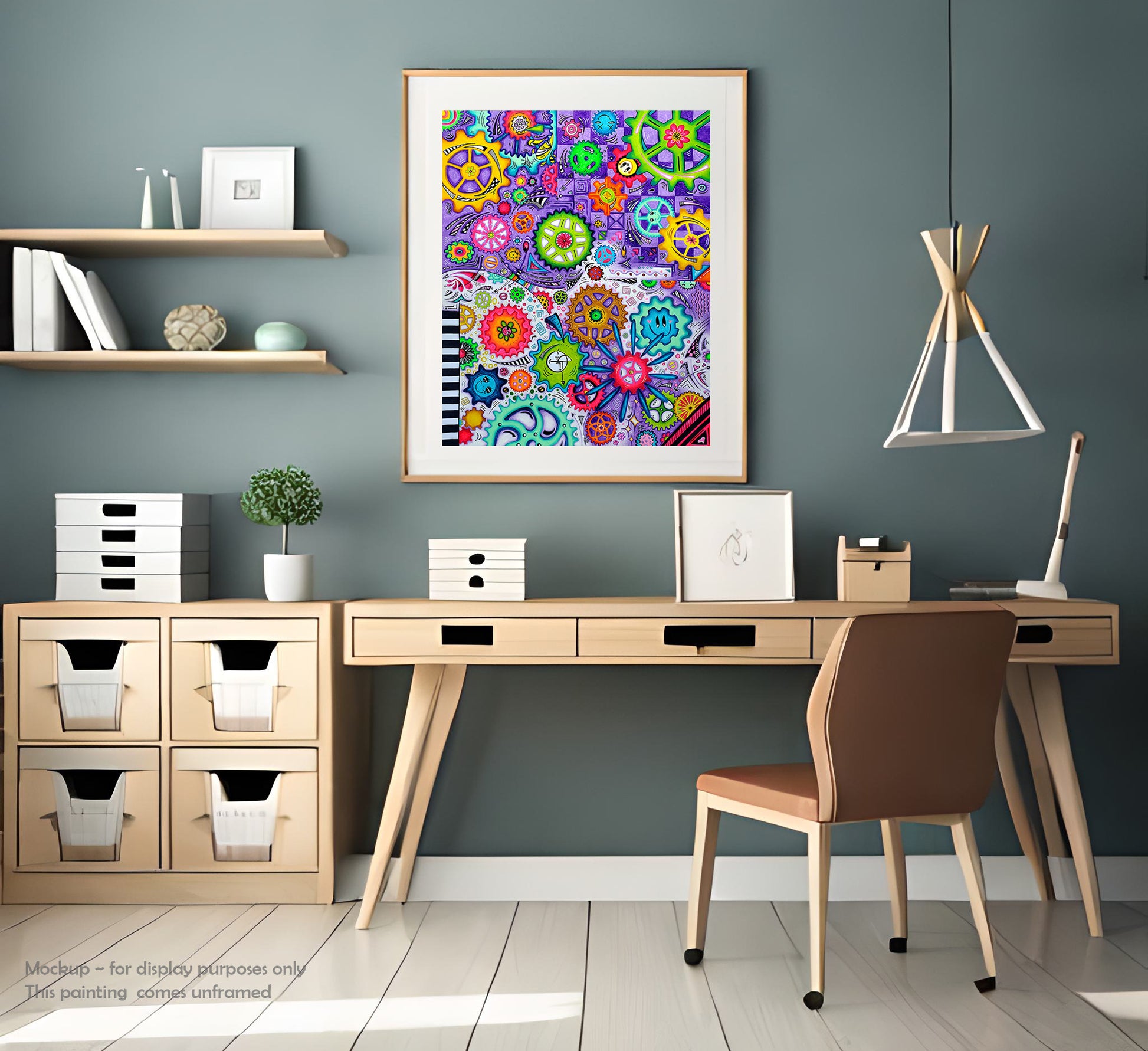 "The Endless Journey" Original Doodle Gears PoP Art Painting by MeganAroon colorful smiley face and floral gears in spectacular array of rainbow colors, checkers and stripes with arrows and lines creating movement throughout in a mocked up frame and room setting