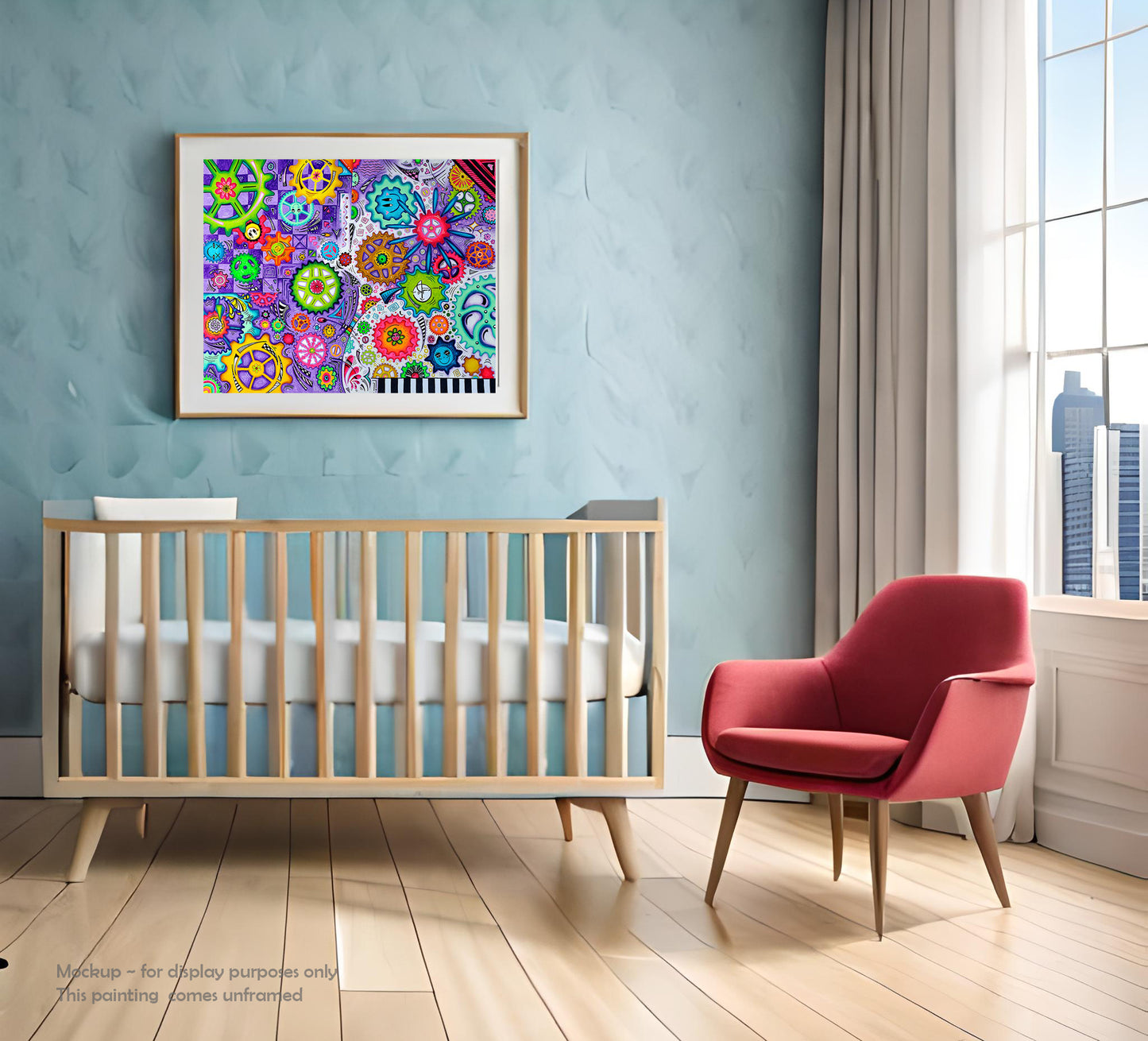 "The Endless Journey" Original Doodle Gears PoP Art Painting by MeganAroon colorful smiley face and floral gears in spectacular array of rainbow colors, checkers and stripes with arrows and lines creating movement throughout in a mocked up frame and room setting