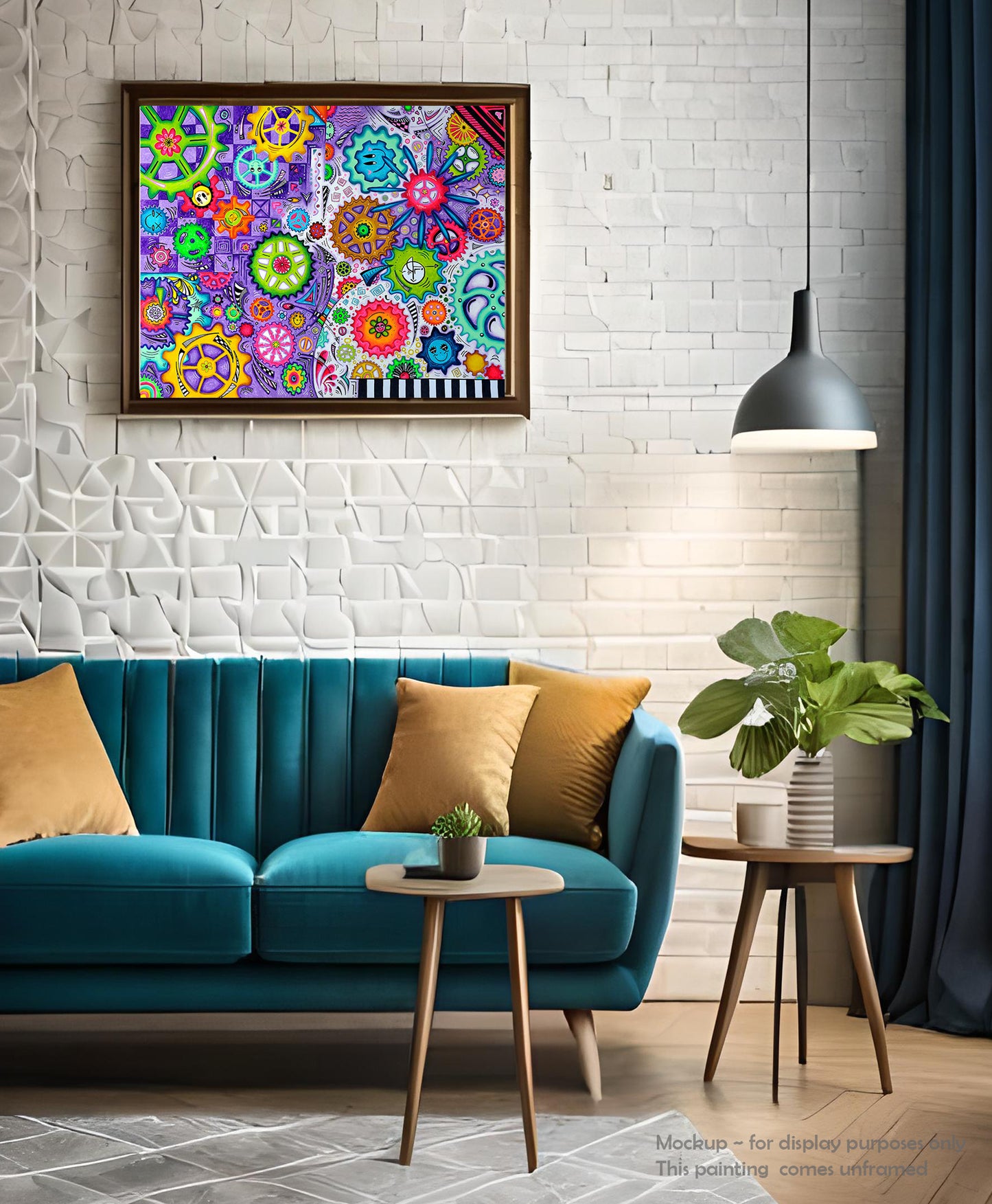 "The Endless Journey" Original Doodle Gears PoP Art Painting by MeganAroon colorful smiley face and floral gears in spectacular array of rainbow colors, checkers and stripes with arrows and lines creating movement throughout in a mocked up frame and room setting