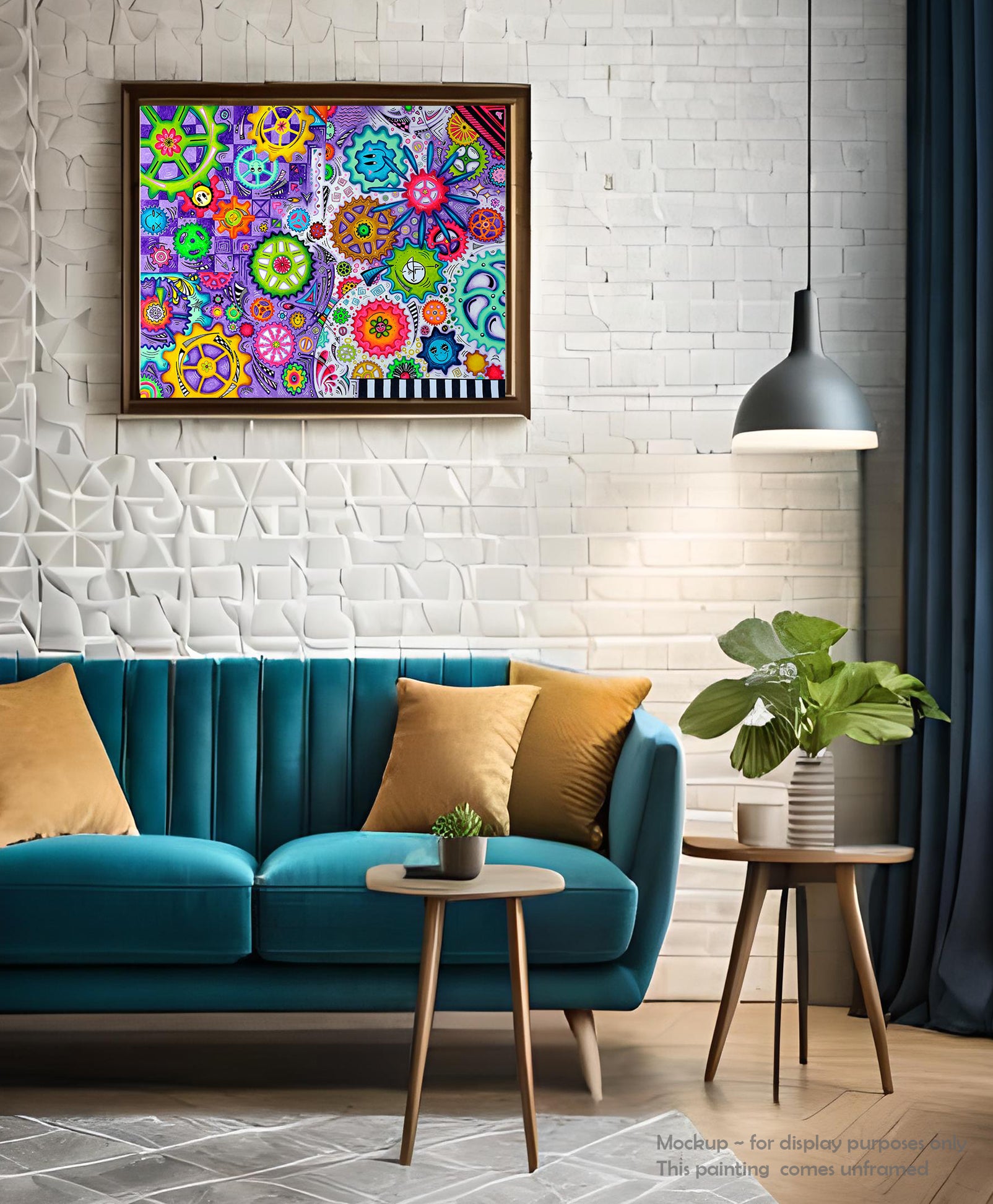 "The Endless Journey" Original Doodle Gears PoP Art Painting by MeganAroon colorful smiley face and floral gears in spectacular array of rainbow colors, checkers and stripes with arrows and lines creating movement throughout in a mocked up frame and room setting