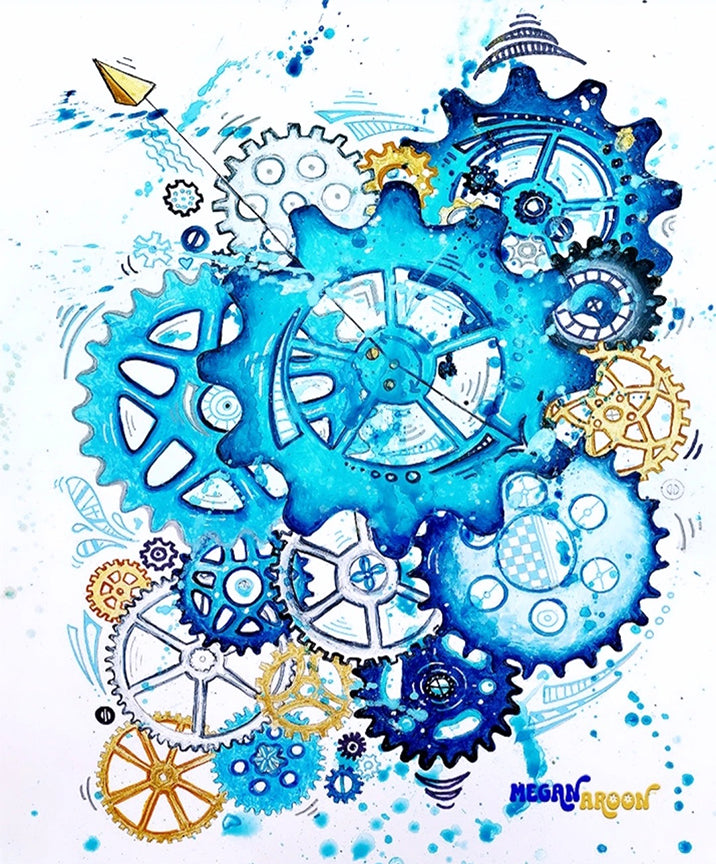 The changing hands of time original abstract doodle gears painting in blue and gold MeganAroon 