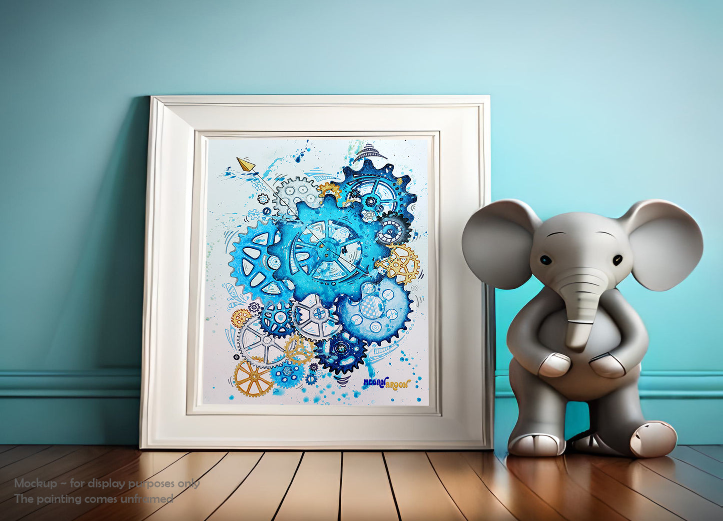 The changing hands of time original abstract doodle gears painting in blue and gold MeganAroon  frame room mockup