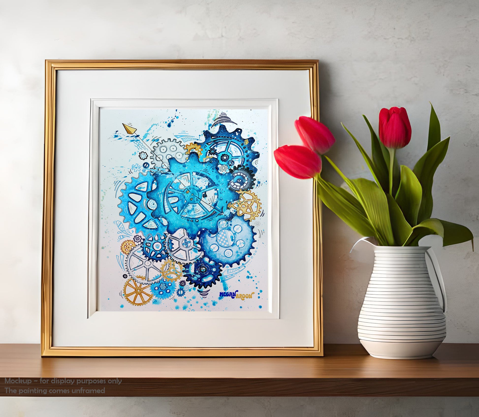 The changing hands of time original abstract doodle gears painting in blue and gold MeganAroon  frame room mockup