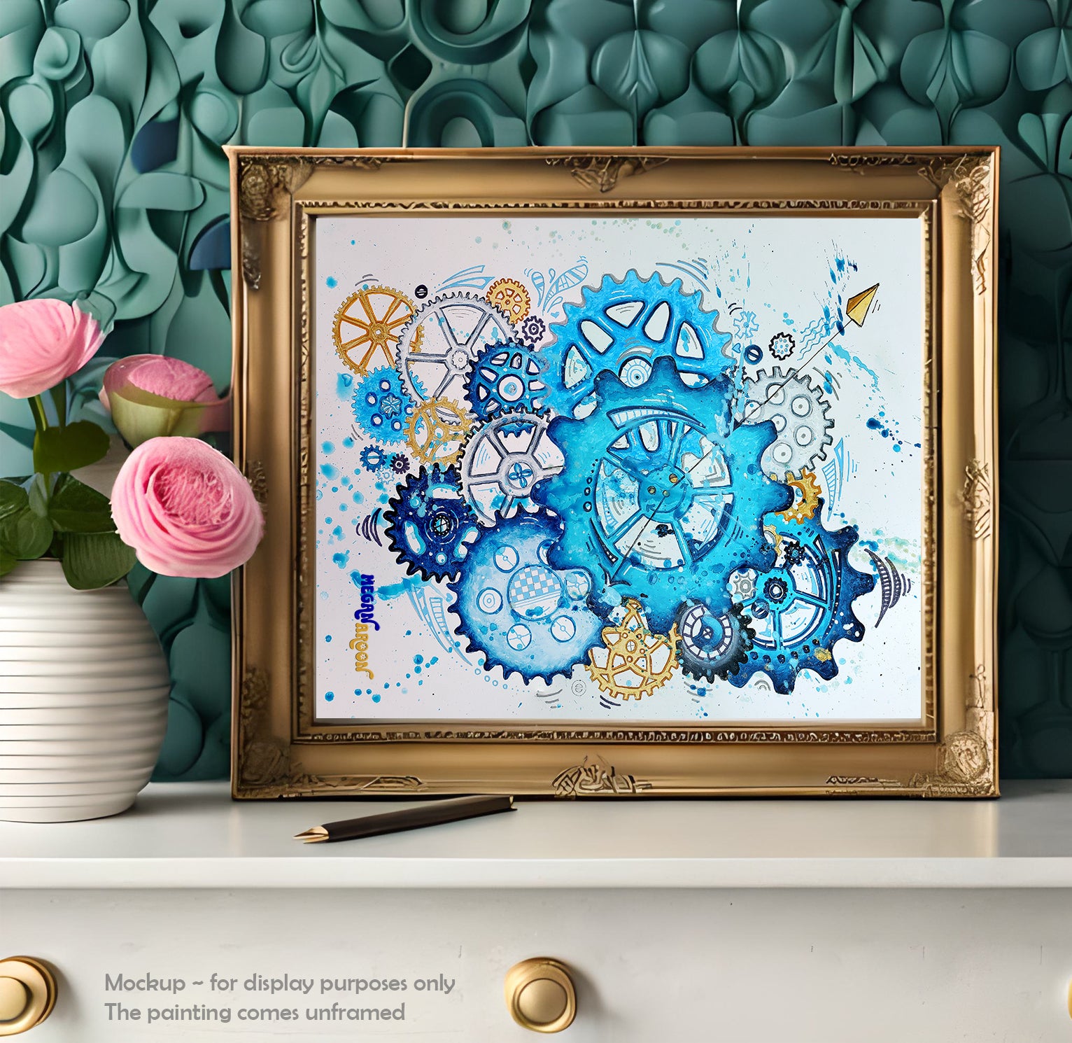 The changing hands of time original abstract doodle gears painting in blue and gold MeganAroon  frame room mockup