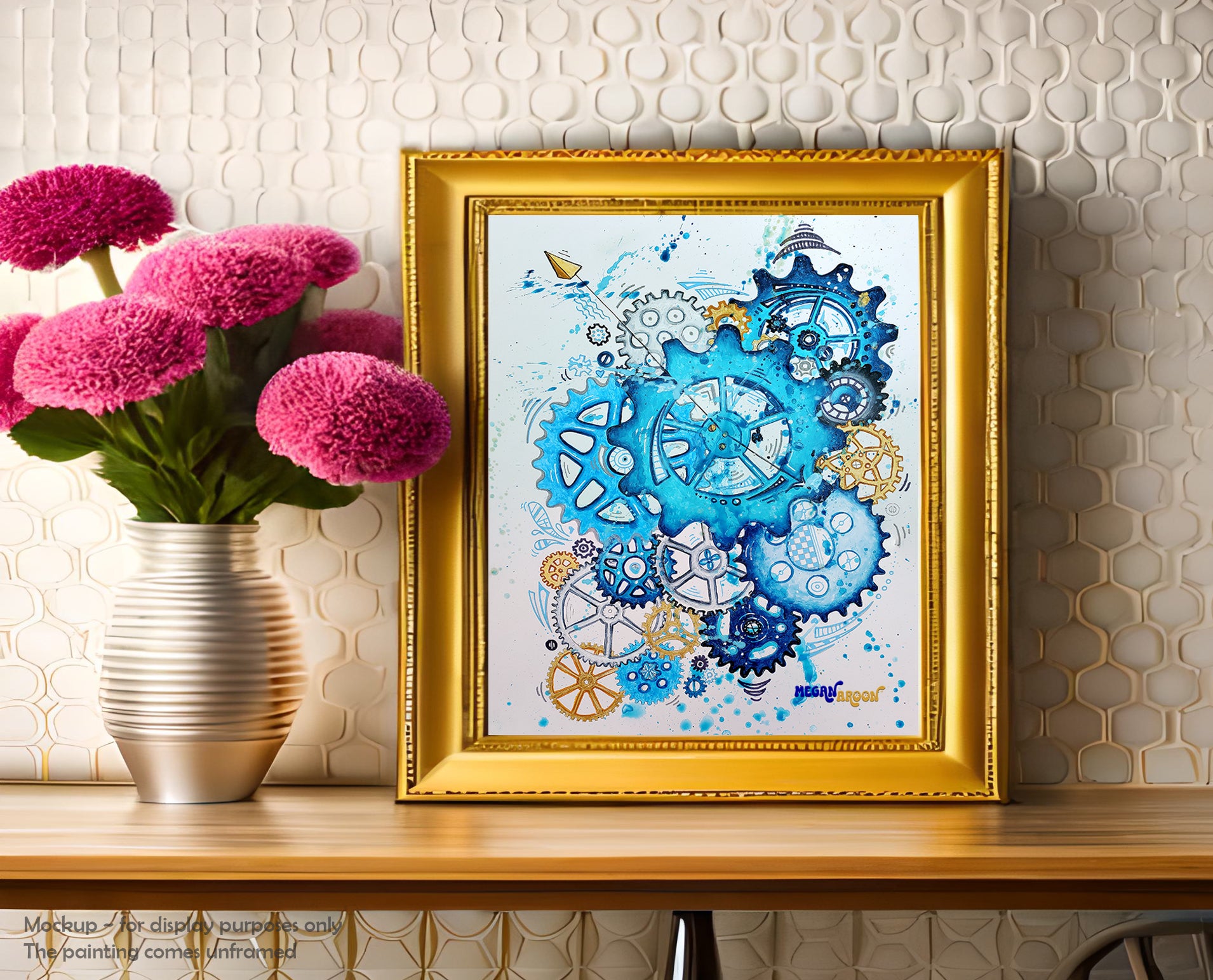 The changing hands of time original abstract doodle gears painting in blue and gold MeganAroon  frame room mockup