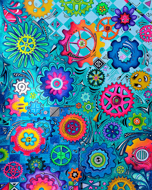 The center of the universe Doodle Gears Original Abstract PoP Art Gear Heads painting by MeganAroon 