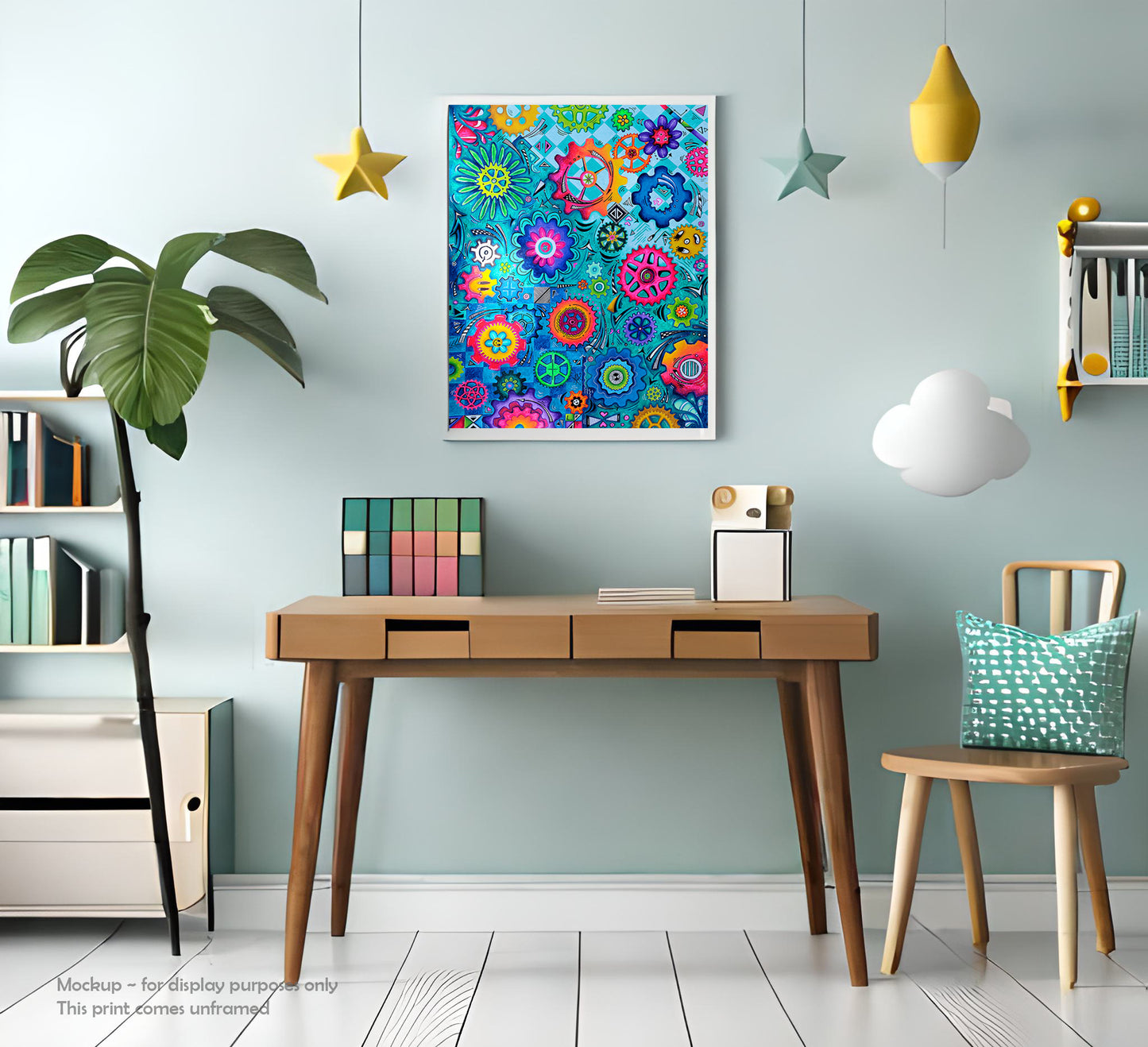 The center of the universe Doodle Gears Original Abstract PoP Art Gear Heads painting by MeganAroon  room frame mockup