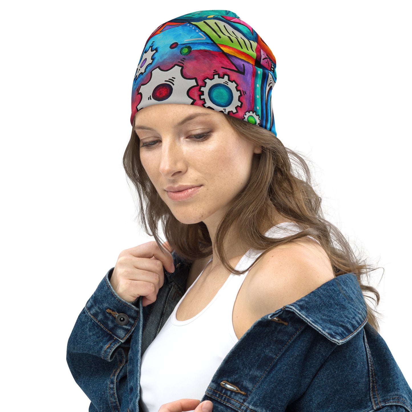 colorful and fun cycling biking beanie in bold pink purple rainbow colors. featuring gears and chains, perfect for the avid cycling enthusiasts for chilly rides, or to wear on a hike or anytime you would wear a beanie and want something fun and stylish! From the chic, modern cycling brand AROON