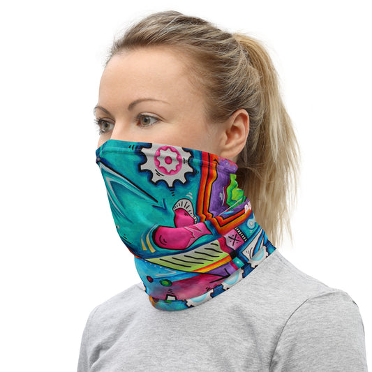 Colorful Cycling Neck Gaiter with Chains and Gears Original Artwork AROON