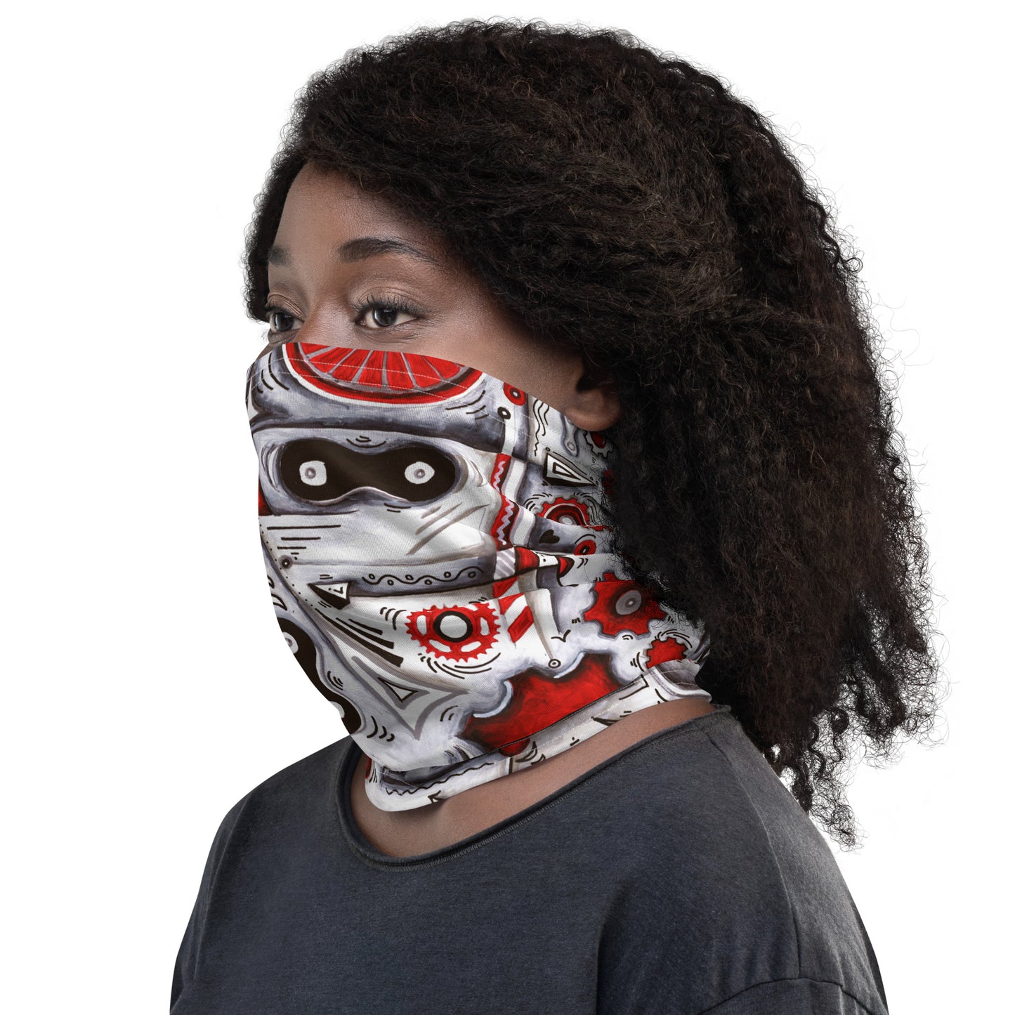 colorful and fun cycling biking neck gaiter in reds and whites. featuring gears and chains, perfect for the avid cycling enthusiasts for chilly rides, or to wear on a hike or anytime you  would wear a neck gaiter and want something fun and stylish! From the chic, modern cycling brand AROON