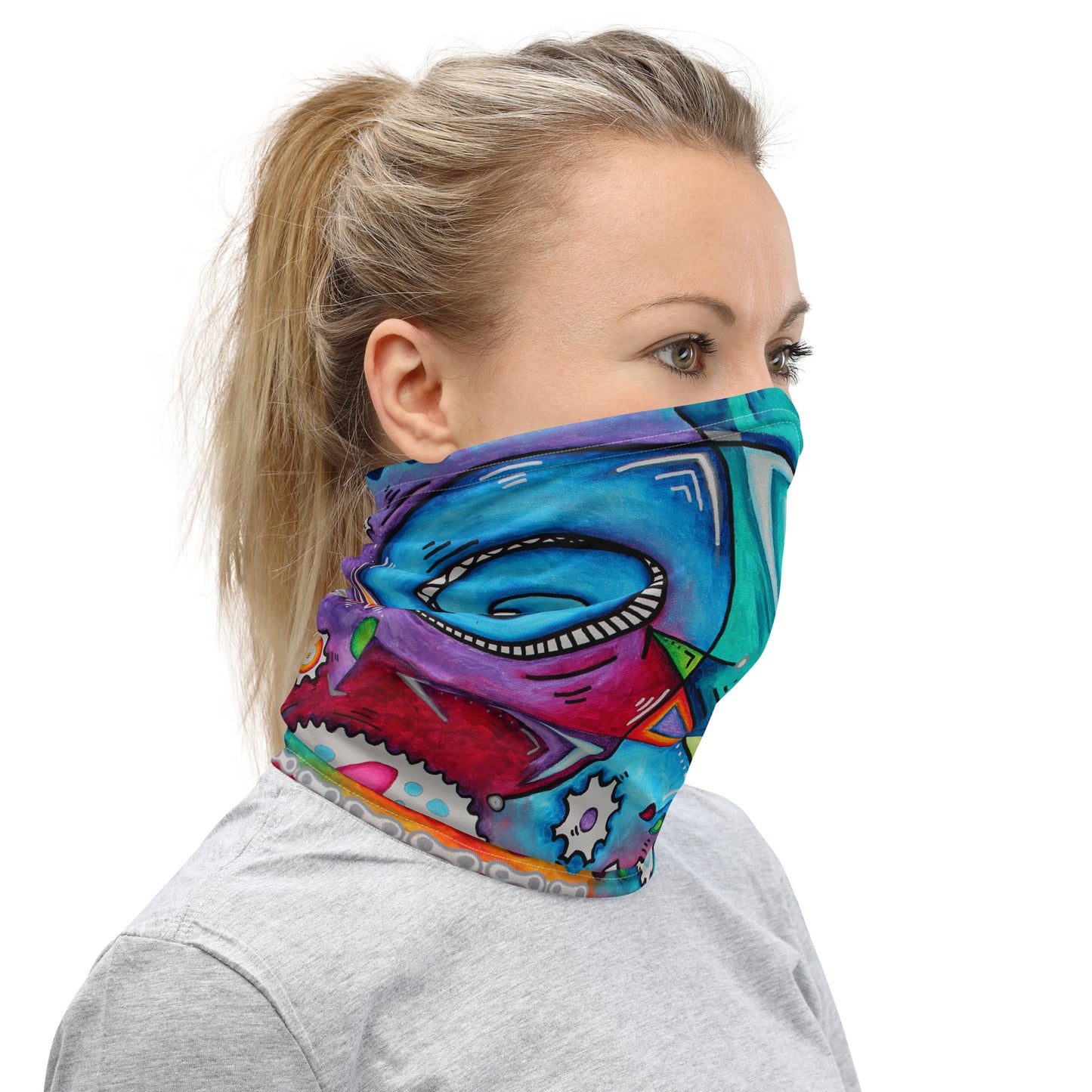 Colorful Cycling Neck Gaiter with Chains and Gears Original Artwork AROON
