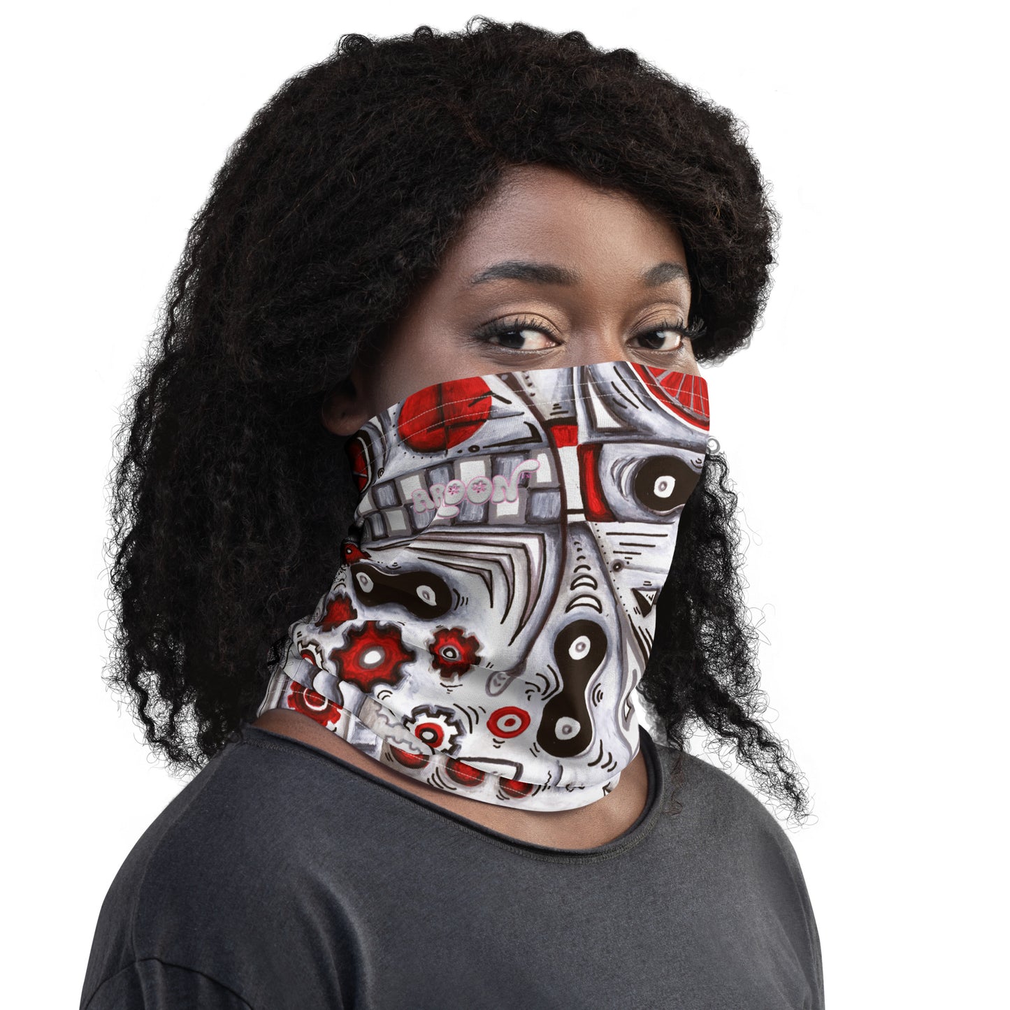colorful and fun cycling biking neck gaiter in reds and whites. featuring gears and chains, perfect for the avid cycling enthusiasts for chilly rides, or to wear on a hike or anytime you  would wear a neck gaiter and want something fun and stylish! From the chic, modern cycling brand AROON