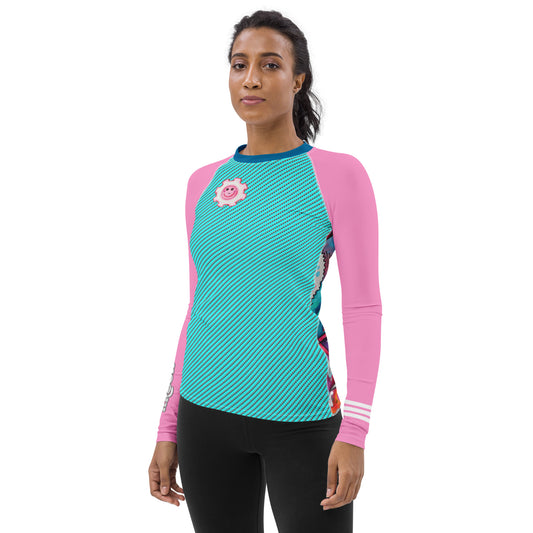 womens long sleeve cycling jersey in pink in blue pop art doodle biking gears design AROON