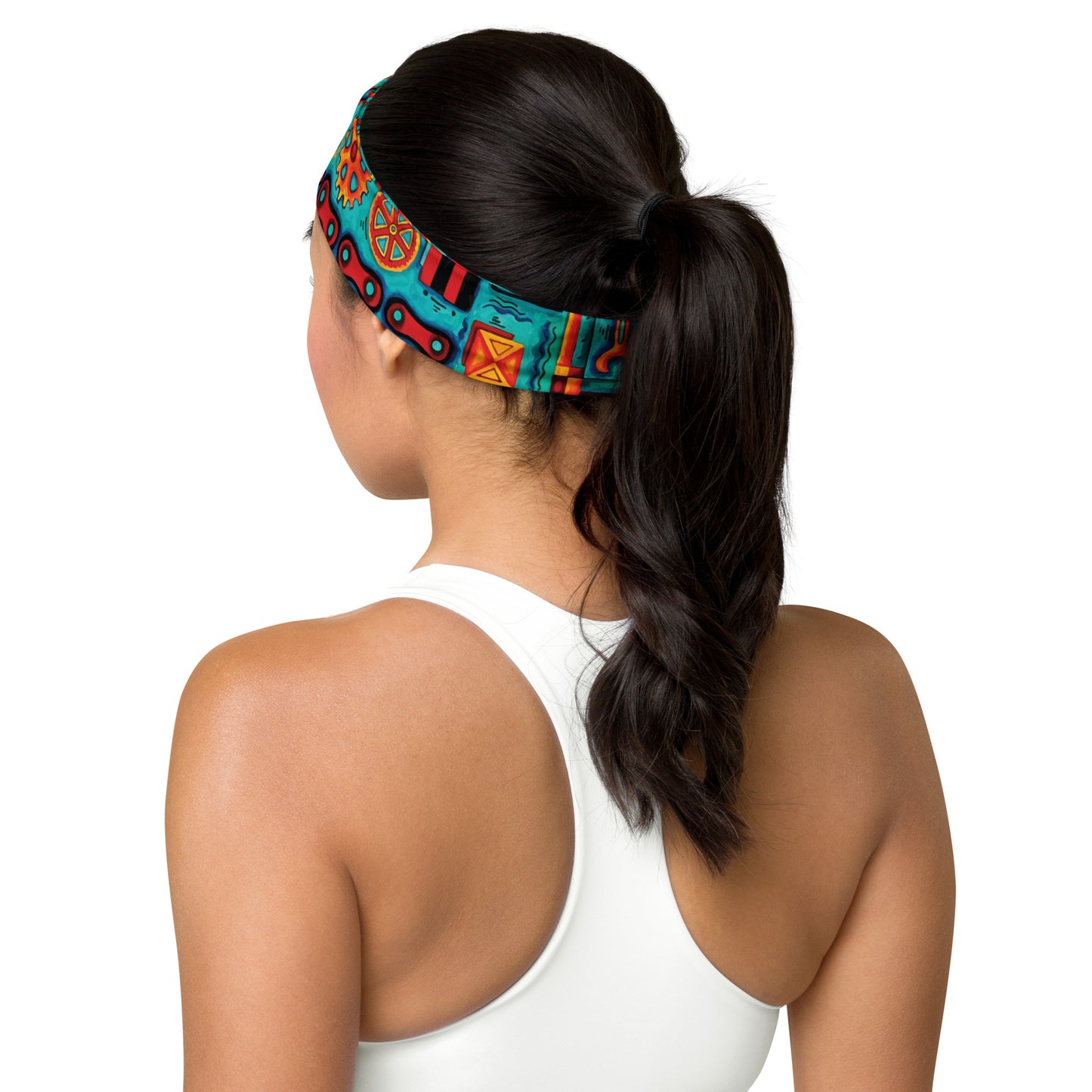 aroon brand cycling headband in reds, oranges and teal featuring a unique fun design of cycling chains gears and more