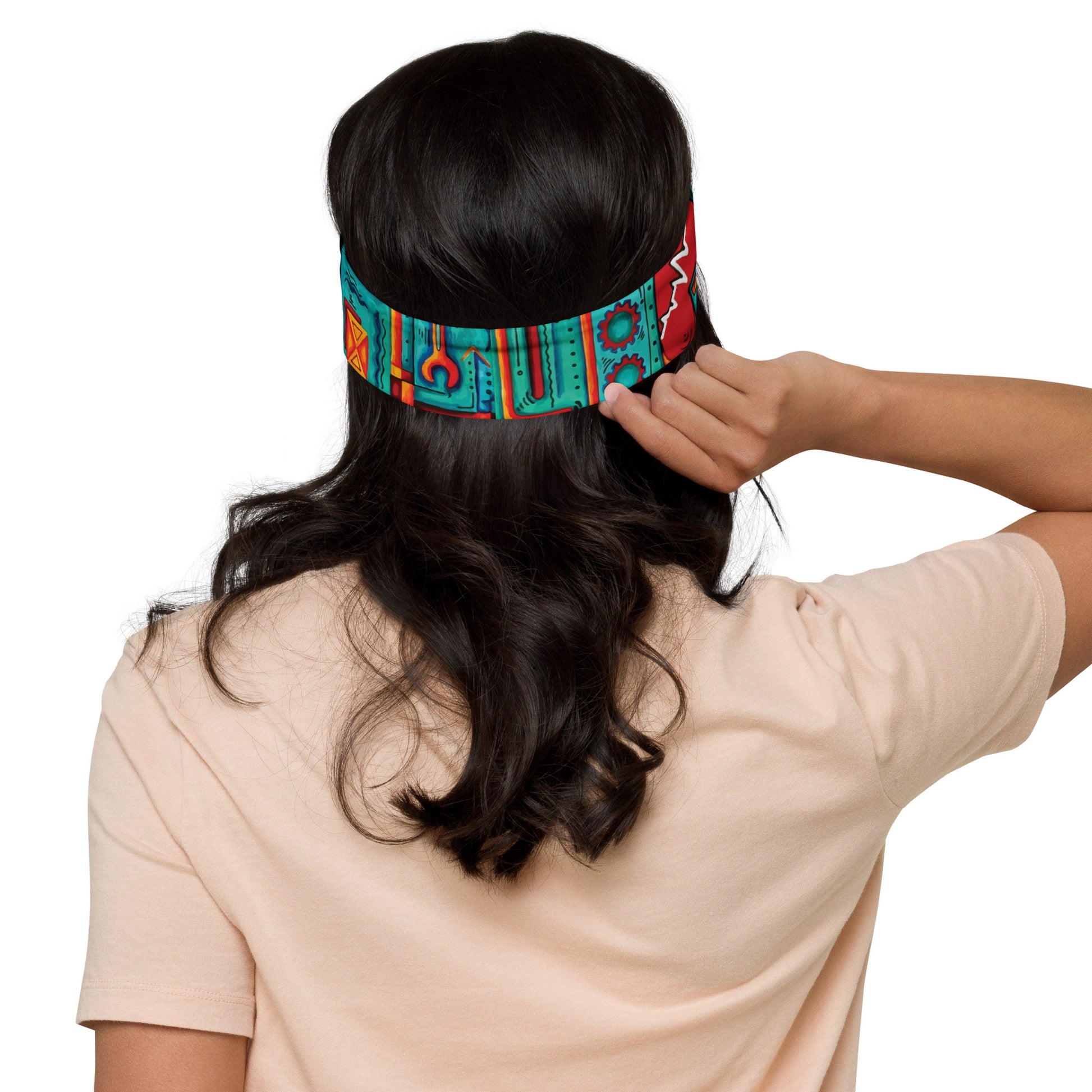 aroon brand cycling headband in reds, oranges and teal featuring a unique fun design of cycling chains gears and more