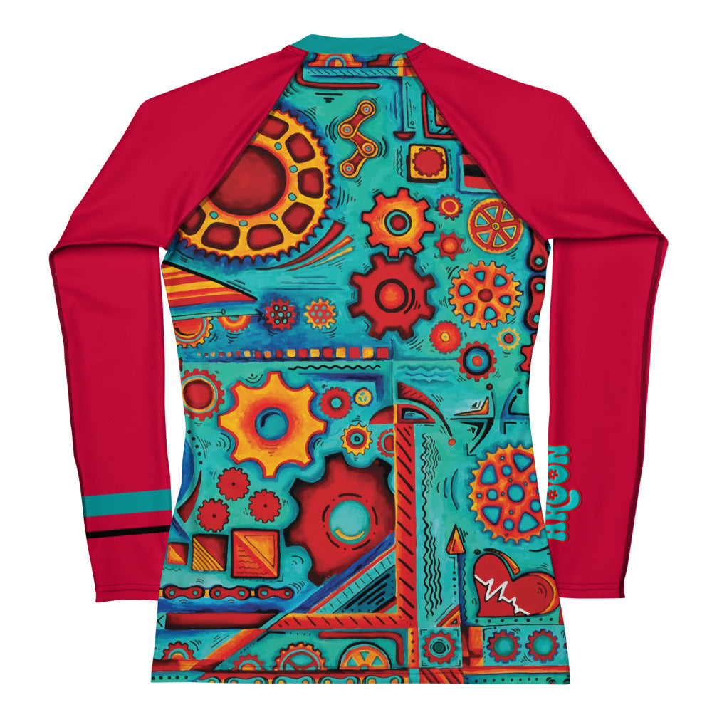 Women's Long Sleeved Cycling Jersey - Red and Teal Gears and Chain Design AROON