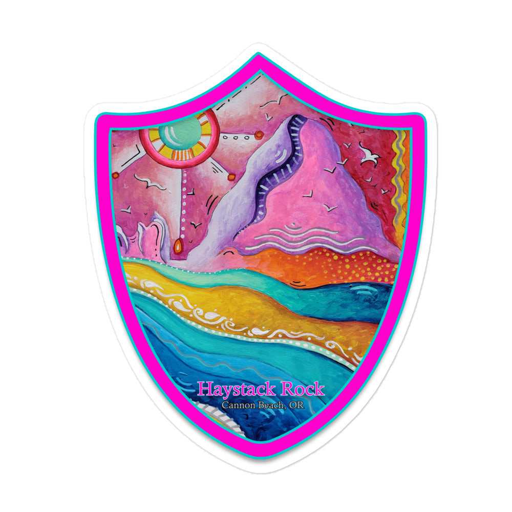 Haystack Rock at Cannon Beach, Oregon Badge Style Travel Art Sticker