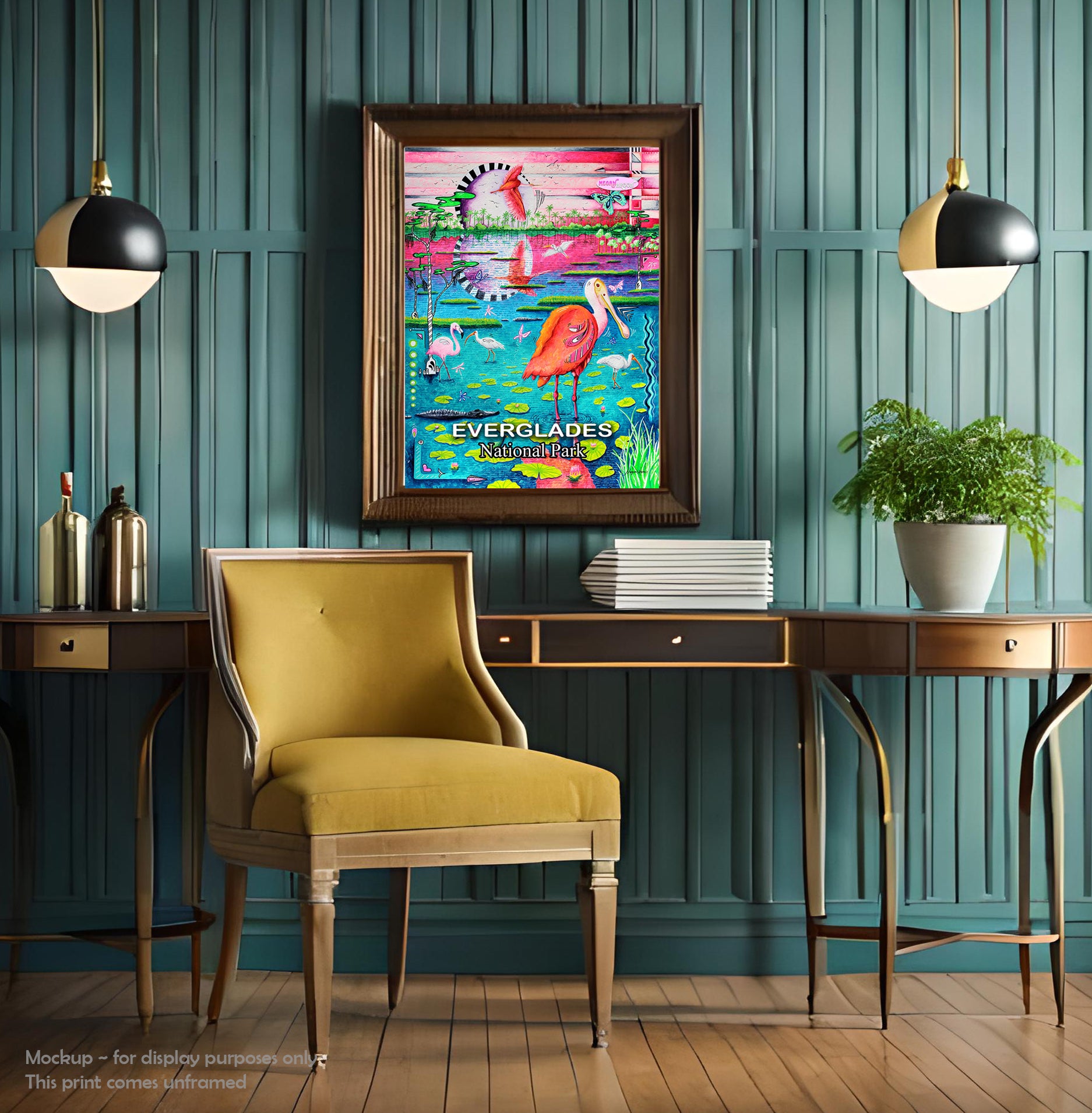 everglades national park travel poster print in a whimsical, colorful pop art style by traveling artist meganaroon in a large frame modern room 