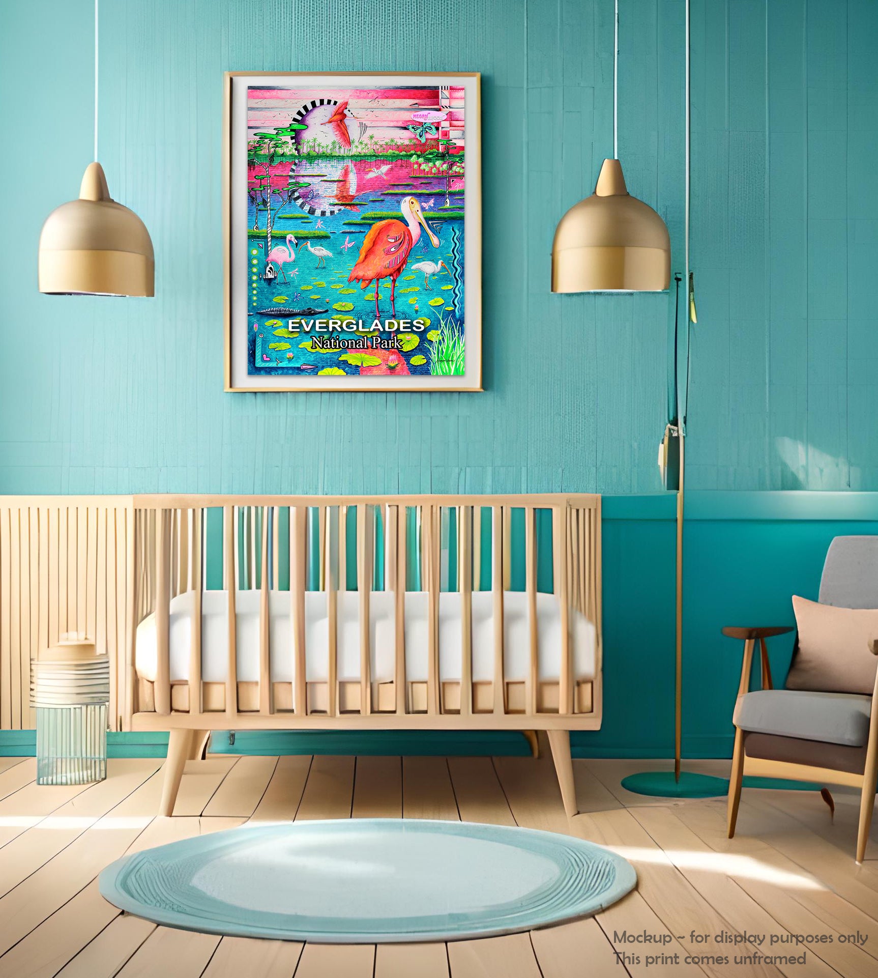 everglades national park travel poster print in a whimsical, colorful pop art style by traveling artist meganaroon in a baby nursery room framed and matted