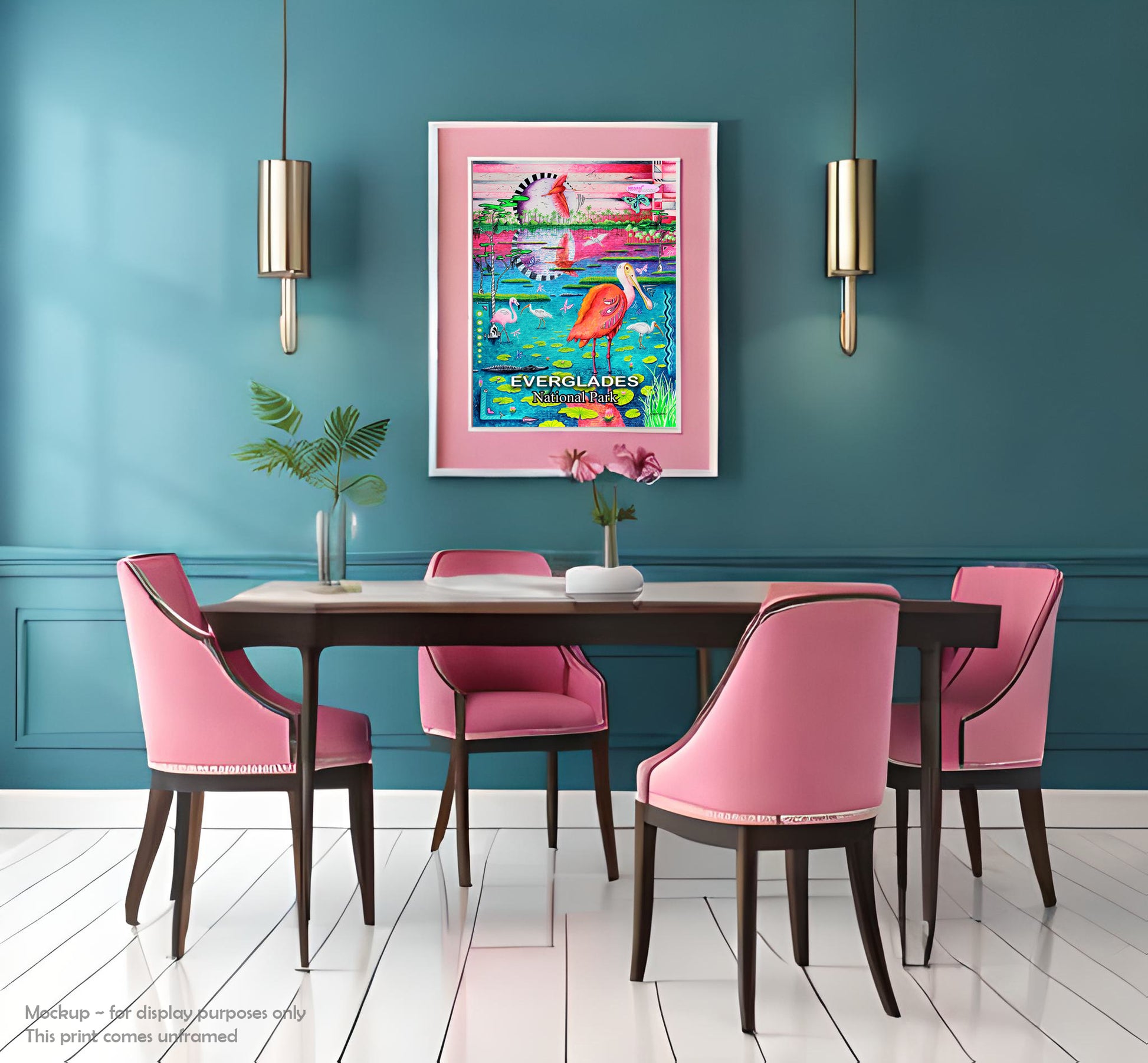 everglades national park travel poster print in a whimsical, colorful pop art style by traveling artist meganaroon in a pink mat white frame in a dining room pink and blue 