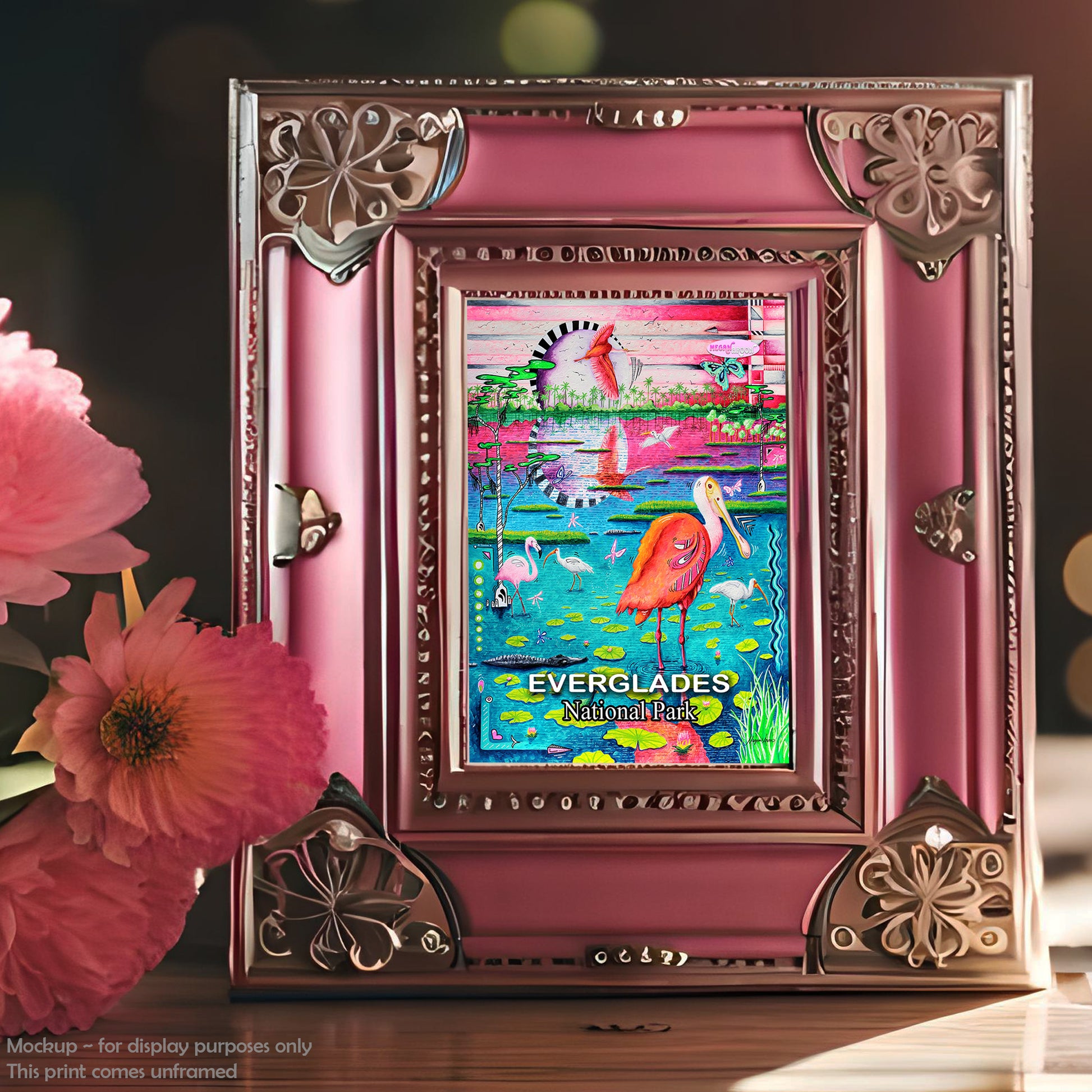 everglades national park travel poster print in a whimsical, colorful pop art style by traveling artist meganaroon in an ornate rose colored frame