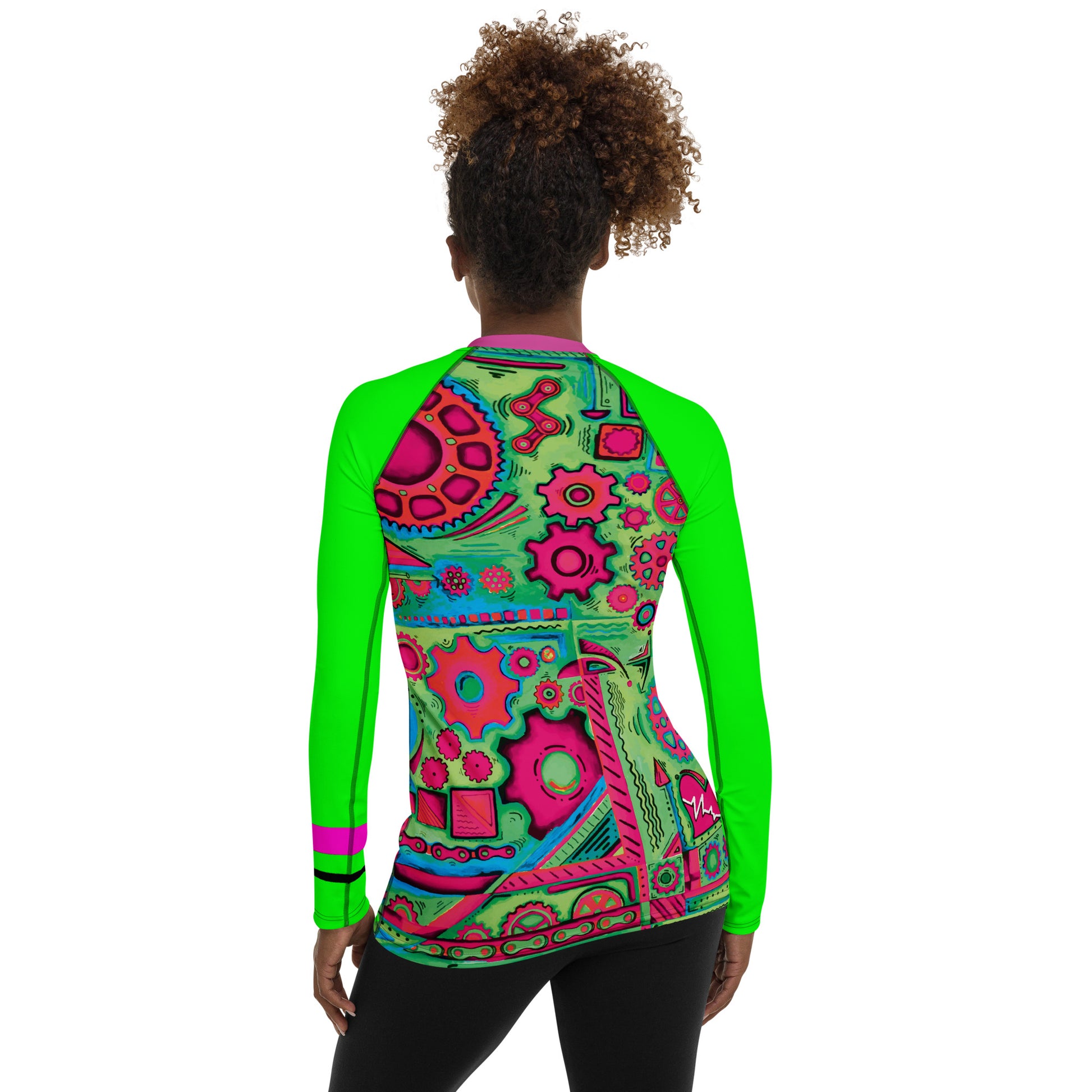 womens pink and green long sleeved cycling jersey art design for biking