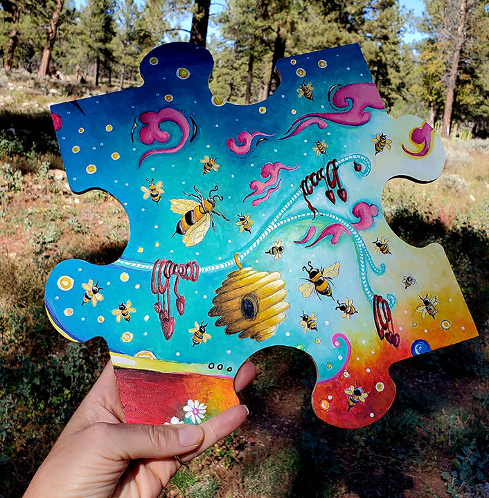 Original Handpainted Bees Jigsaw Puzzle Piece, Conservation Art to Save the Planet