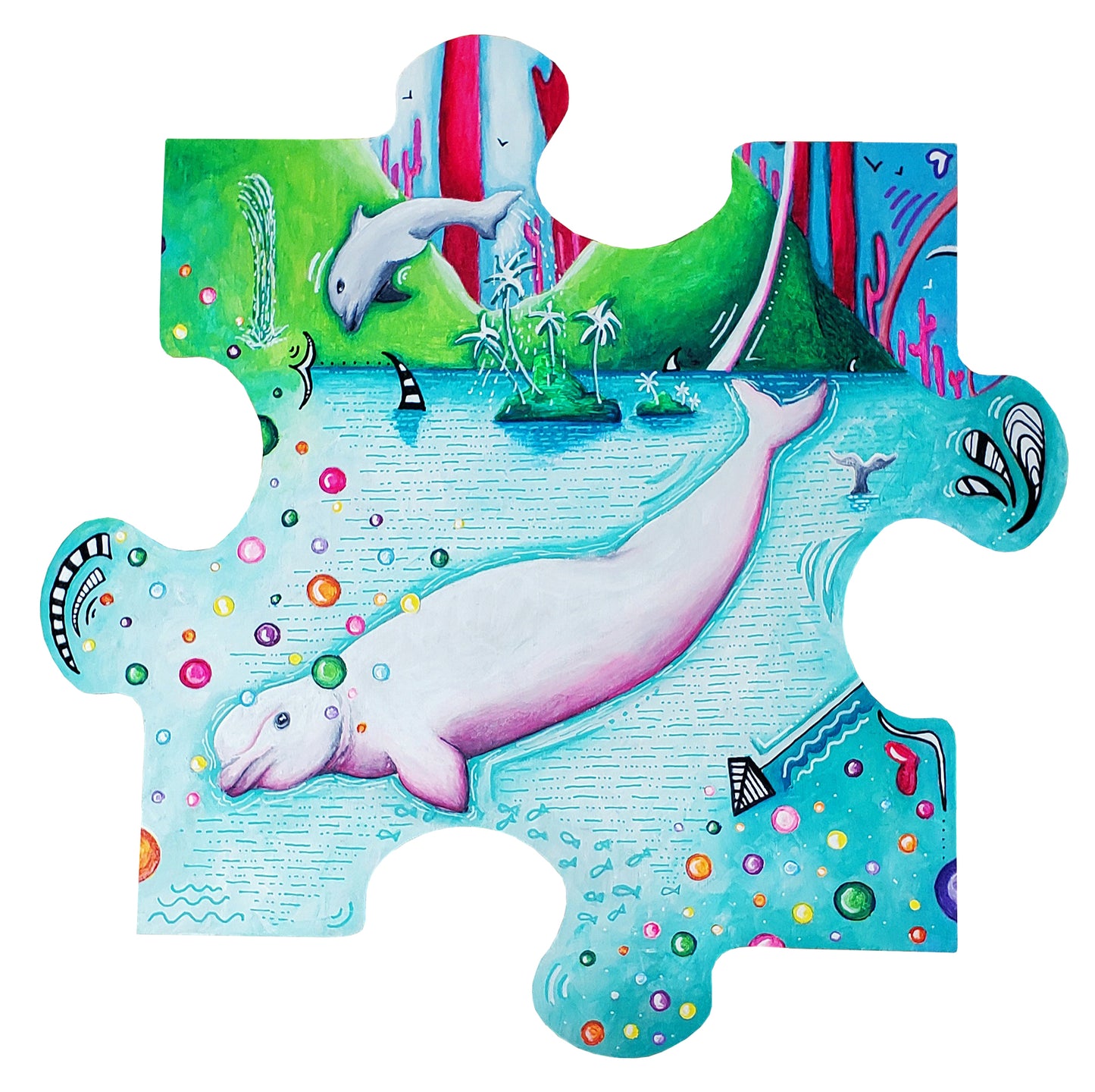 Original Beluga Whale Jigsaw Puzzle Piece Painting, Conservation Art to Save the Planet