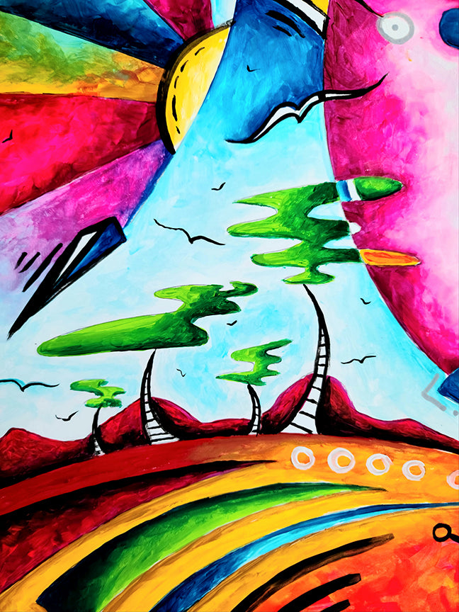 "Come Into My World" Original Acrylic Abstract Seuss Like Whimsical Landscape Painting by Megan Duncanson (19"x24")