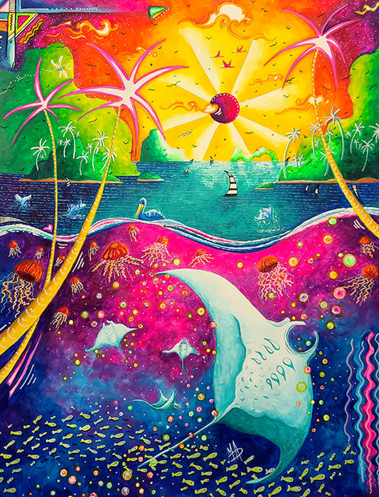"Dance of the Sea" Original Whimsical Tropical Manta Ray Painting, Fun, Conservation Art by Megan Duncanson (19"x24")