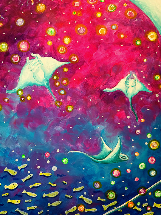 "Dance of the Sea" Original Whimsical Tropical Manta Ray Painting, Fun, Conservation Art by MeganAroon (19"x24")